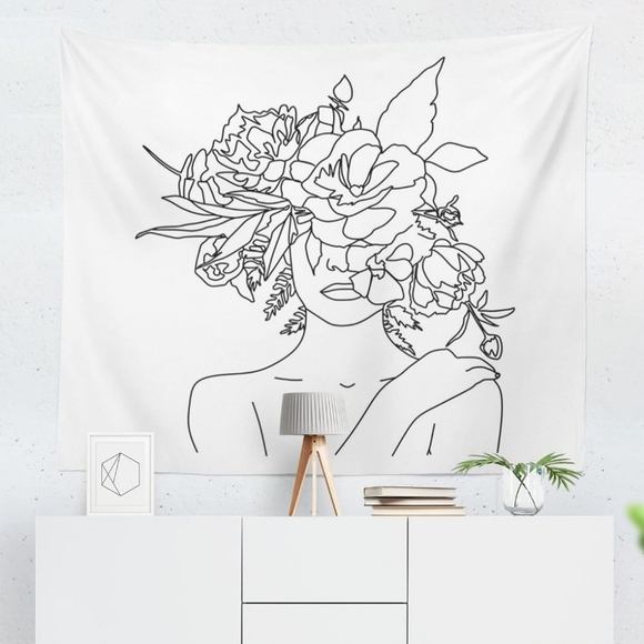 NWT Black & White Floral Woman Line Art Tapestry - Picture 3 of 7